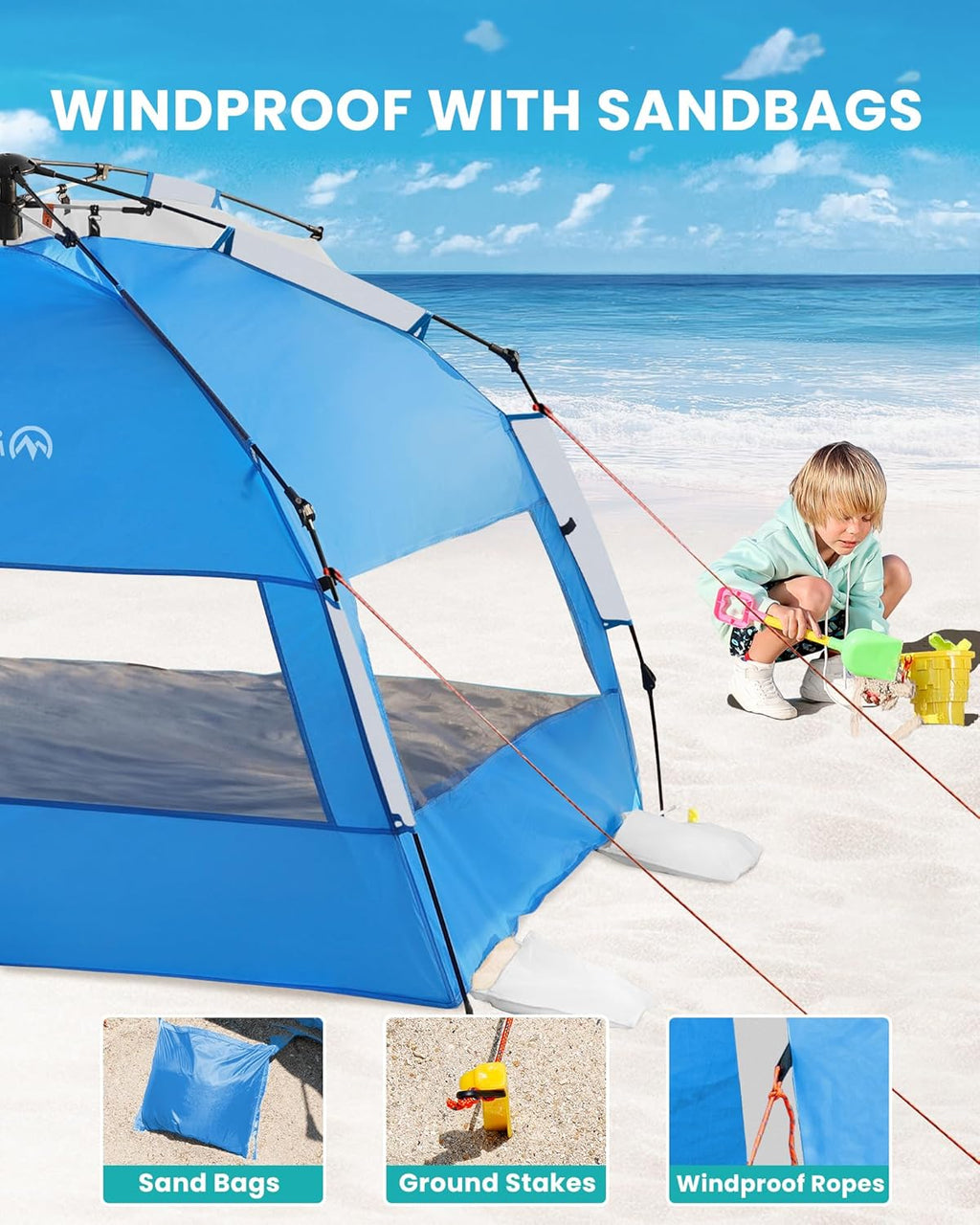 OutdoorMaster Beach Tent - Portable 4-Person Sun Shade with Blackout Technology & UPF 50+ Protection