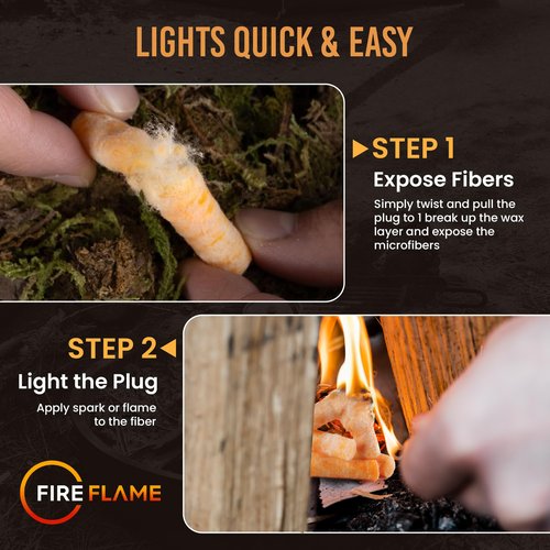 Fireflame Fire Plugs Fire Starter - Quick Instant 100% Waterproof Firestarter for Emergencies, Survival, Campfires, Fire Pits, Charcoal Grill - All Natural, Odorless & Non-Toxic - 50 Plugs in Bag