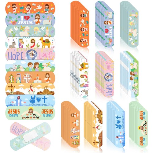 Threlaco 400 Pcs Jesus Bandages Jesus Adhesive Bandages Kids Adults Bulk 2.83x0.75'' Christian Gifts God Bless You Waterproof PE Heals Bandage for Boo Boo Church Sunday School Supplies, Latex Free