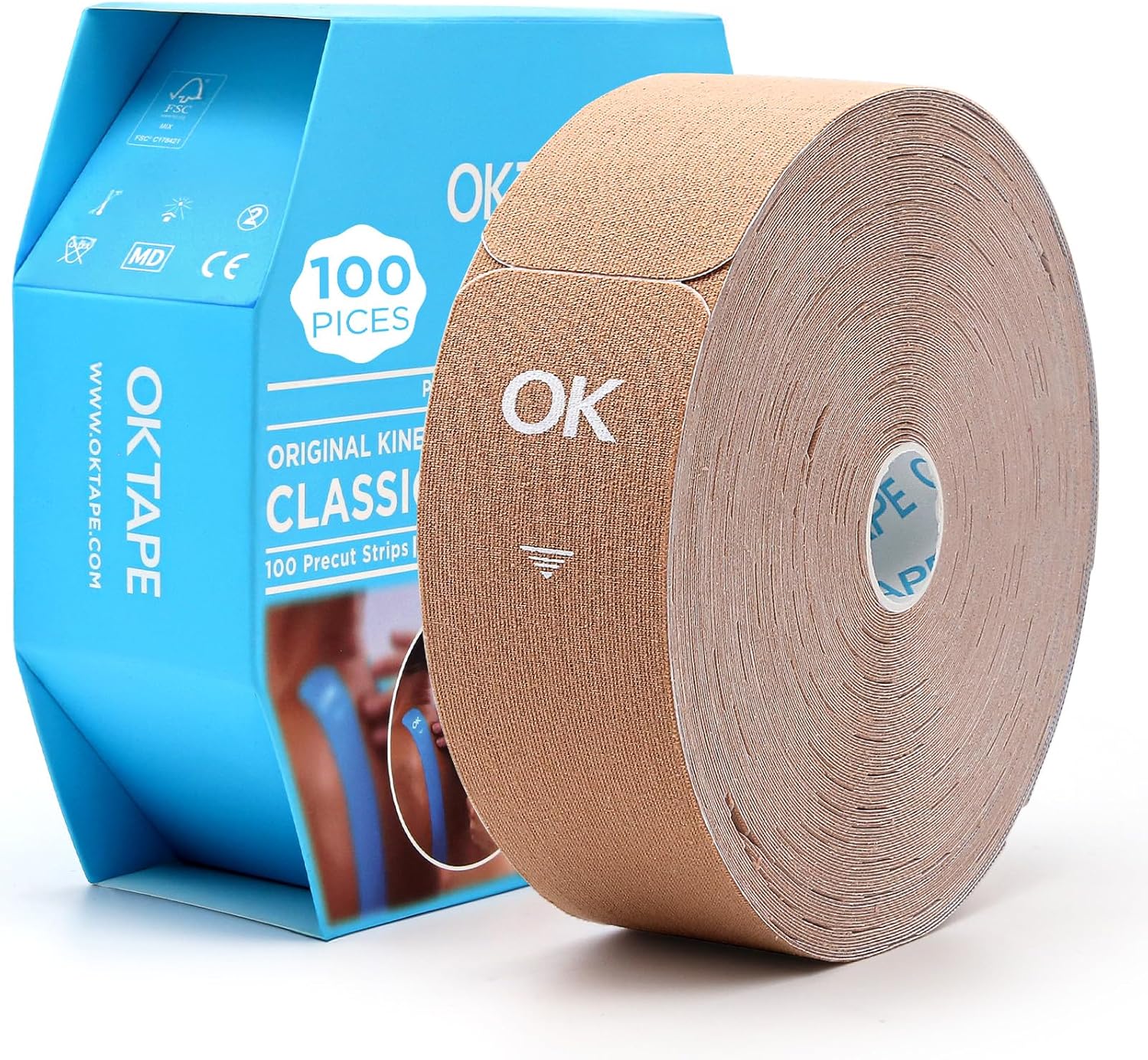 OK TAPE Kinesiology Tape - Pre-Cut Strips (100 PCS) | Hypoallergenic, Waterproof Athletic Tape 2in x 10in