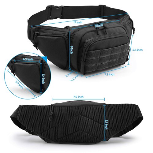 Tactical Fanny Pack Gun Holster for Men, Adjustable Waist Bag Zippered Pockets, Everyday Hip Pouch for Workout Travel Outdoor Running Hunting (Black)