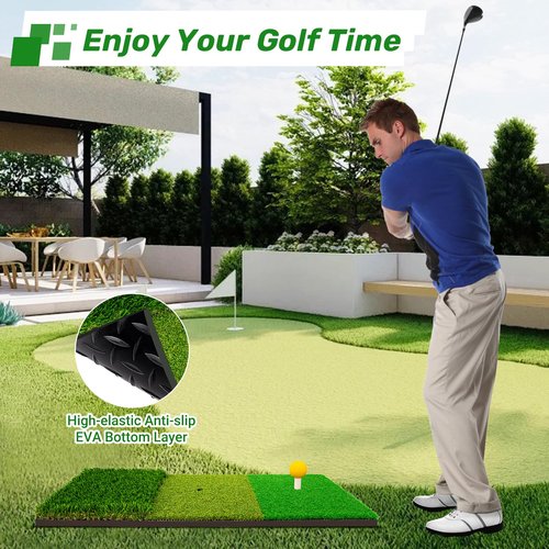 Tri-Turf Golf Hitting Mat,3-in-1 Golf Practice Mat for Driving, Chipping & Putting Training, Durable Portable Golf Chipping Mat with Rubber Backing for Indoor Outdoor Backyard Use