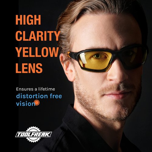 ToolFreak Spoggles Safety Glasses HD Yellow Polycarbonate Lens, Impact Protection, Foam Padded, ANSI Z87 Rated, Head Strap and Carry Pouch