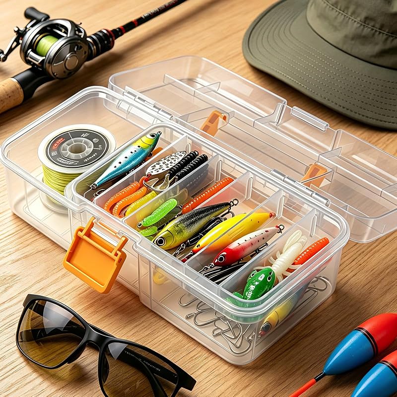 Clear 2-Layer Fishing Tackle Box Organizer with Tray and Locking Latch