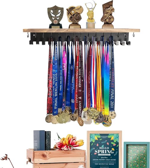 Defined Deco Medal Hanger - Wooden Trophy Shelf With 32 Hooks for Wall Mount Display | Ideal for Gymnastics, Soccer, Running Medals