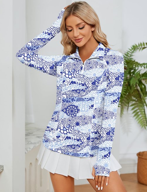 LOMON Womens UPF 50+ Sun Protection Hiking Shirts Quick Dry Long Sleeve Workout Golf Tops Lightweight Running Pullover(White Blue Print,L)