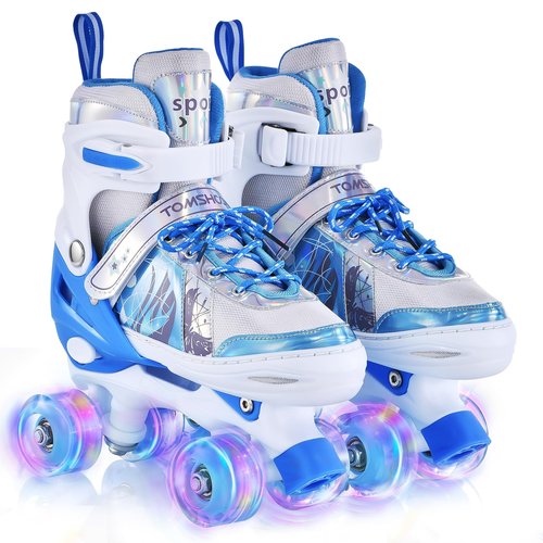 TOMSHOO Kids Roller Skates for Girls Boys 4 Sizes Adjustable Quad Skates with Light up Wheels Ages 3-5 5-8 6-12 rollerskates for Indoor Outdoor Birthday Gift (Blue, Small)