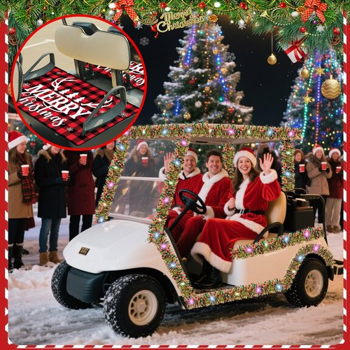 gisgfim Christmas Golf Cart Seat Covers 1 Pcs for 1 Person Seats 33ft Christmas Garland with LED Lights Red and Black Checkered Xmas Decorations Golf Cart Decorations Accessories, 51L x 31W Inches