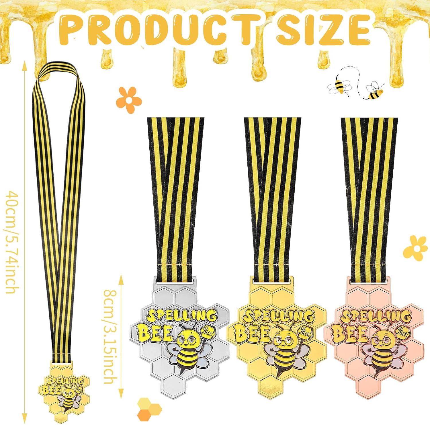 Remuuly Spelling Bee Honeycomb Medals - 1st, 2nd, 3rd Place Awards with Neck Ribbon | 3.2 x 2.8 Inches (Classic)