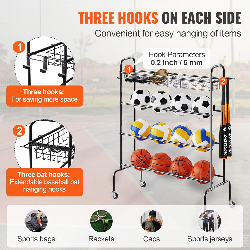 VEVOR Rolling Sports Ball Storage Cart - Lockable Basketball Cage & Organizer for Indoor/Outdoor Use
