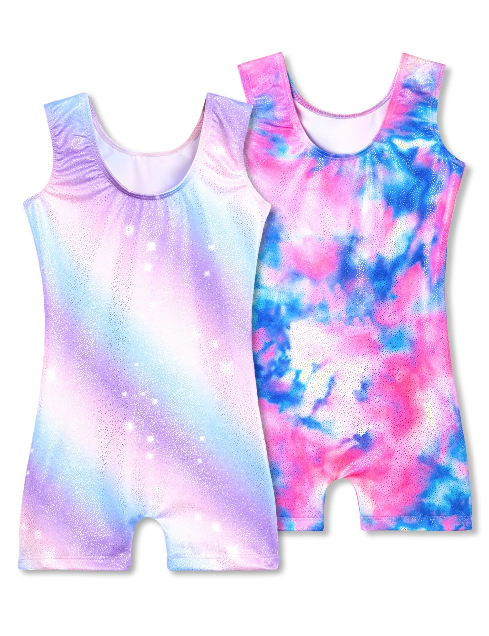 Nokecina Girls Gymnastics Leotards Size 6-7 Years Old 2 Packs Colorful Stars Sleeveless Biketard with Shorts