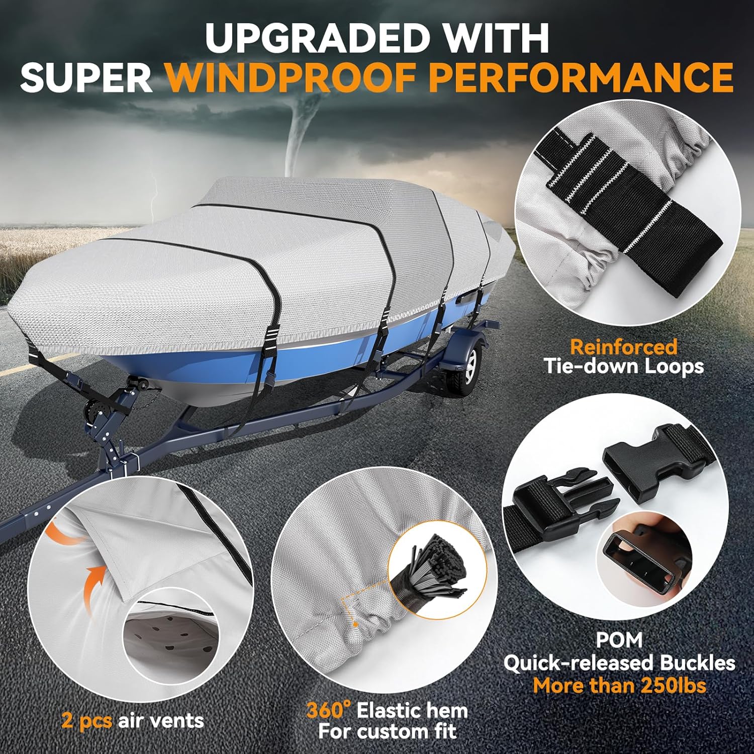 Ultra Durable 1600D + 1200D Boat Cover - Waterproof Protection for 16-18.5ft Tri-Hull & V-Hull Boats | Includes Storage Bag