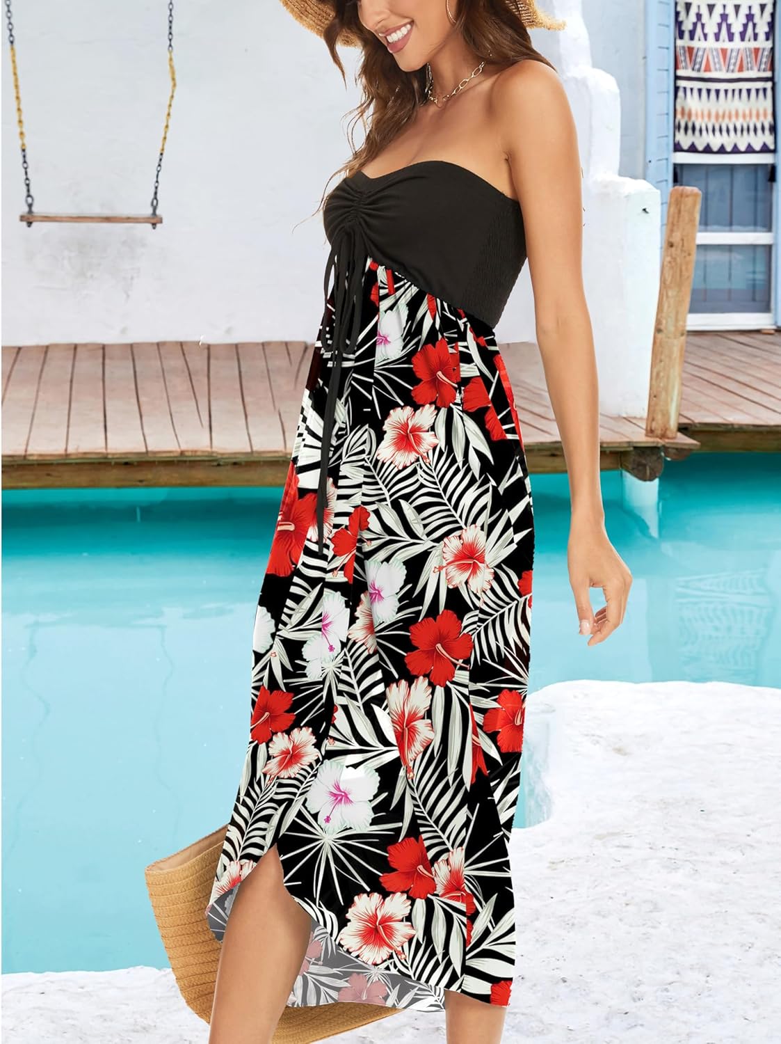 Skiennix Women's Maxi Beach Dress - Strapless Hawaiian Sundress with Asymmetrical Wrap Design
