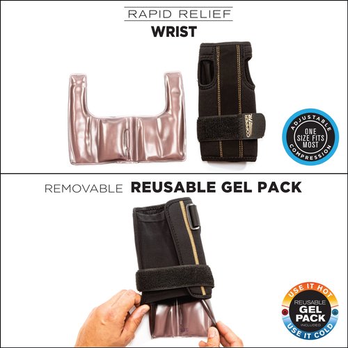 Copper Fit Unisex Adult Fingerless Rapid Relief Adjustable Wrist Wrap with Ice Pack or Heat Therapy, Black, Adjustable