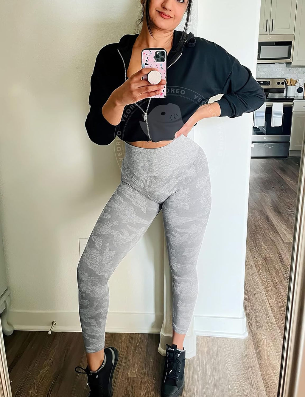 YEOREO Women's High-Waisted Camo Workout Leggings - Seamless Tummy Control Yoga Pants | Grey, Size M