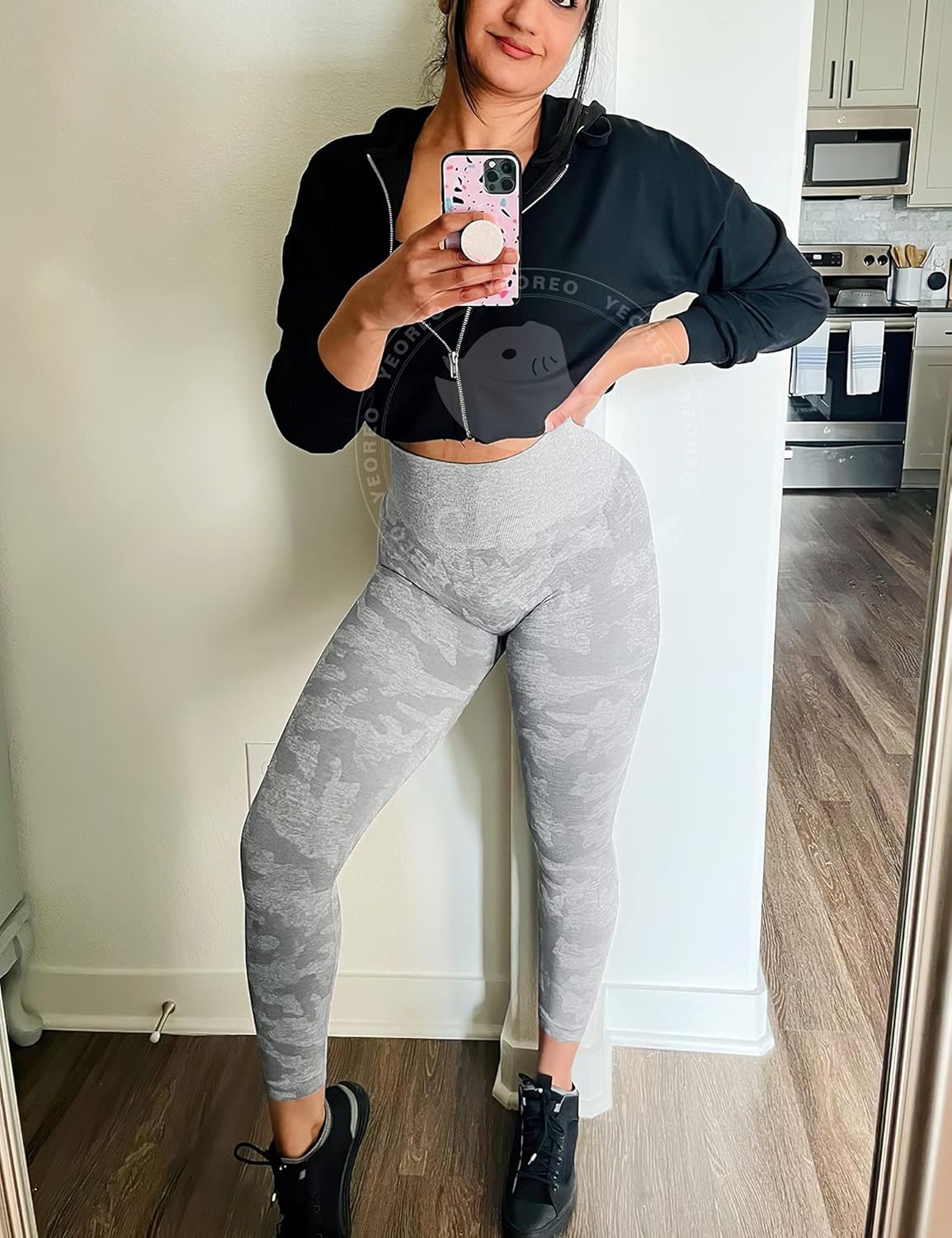 YEOREO Women's High-Waisted Camo Workout Leggings - Seamless Tummy Control Yoga Pants | Grey, Size M