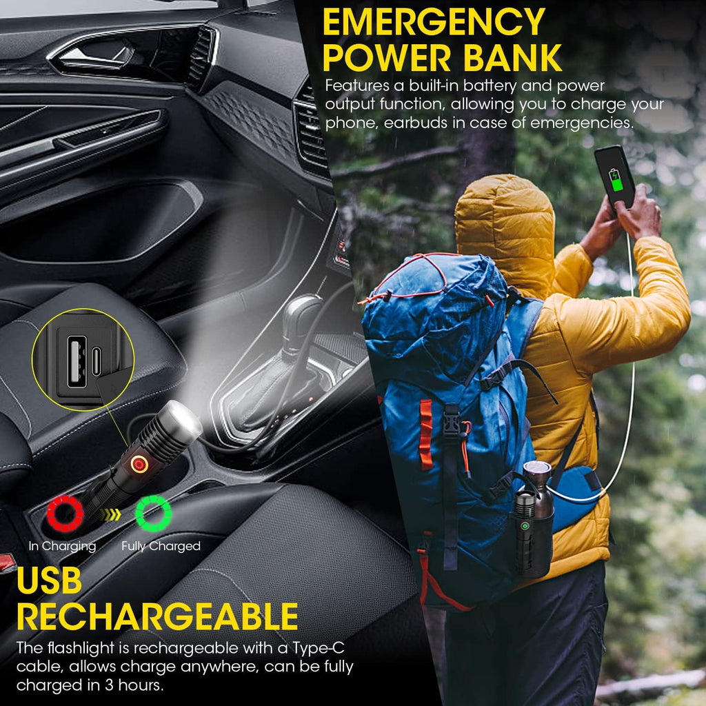 Skiennix Rechargeable Flashlight - High Lumens Super Bright LED | Long-Range Zoomable, Waterproof, 2-Pack