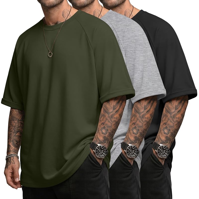 August Alley 3 Pack Mens Oversized T-Shirts - Black, Light Heather Gray, Army Green (Large)