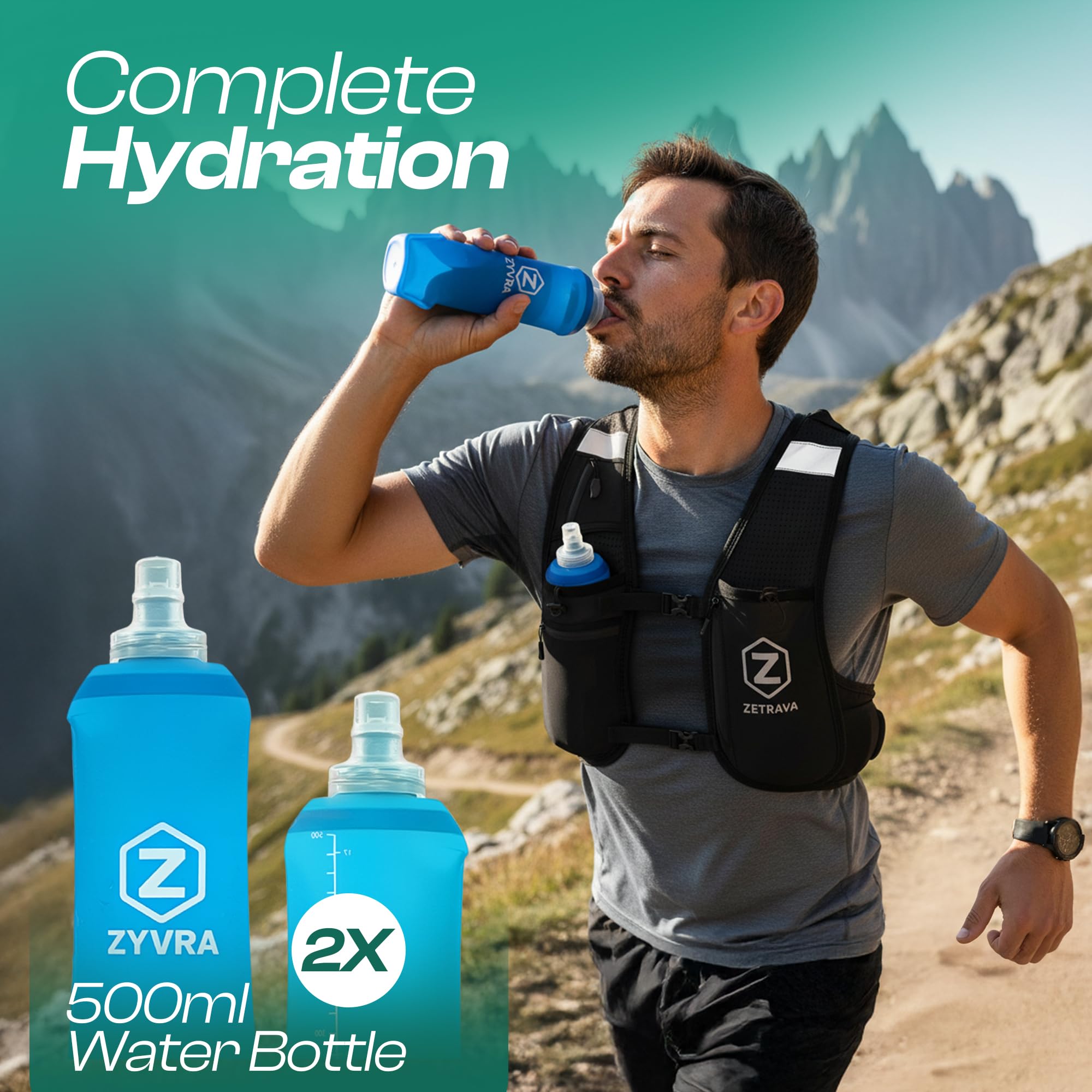 Adjustable Running Vest for Men Women – Running Hydration Vest with Two 500ml/17oz Bottles & Reflective Strips, Multiple Pockets & Bounce-Free Fit – Runners Vest for Marathon, Hiking & Cycling – Black
