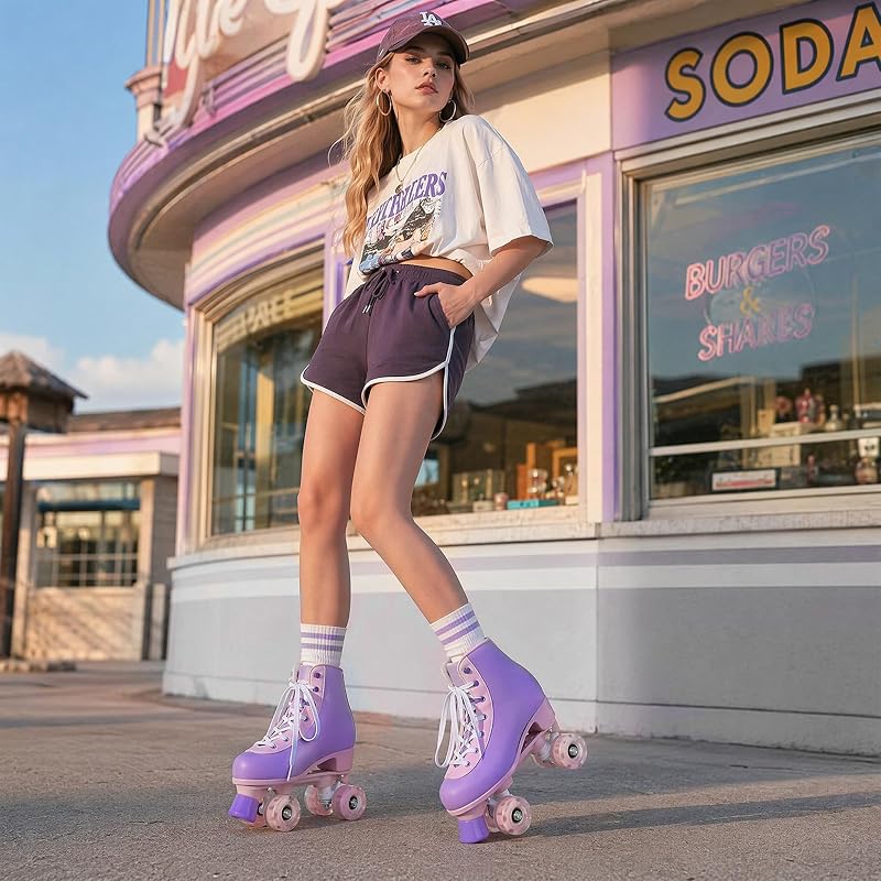 NEMONE Lavendar Dream Quad Roller Skates for Women, Girls - Light-Up PU Leather High-Top