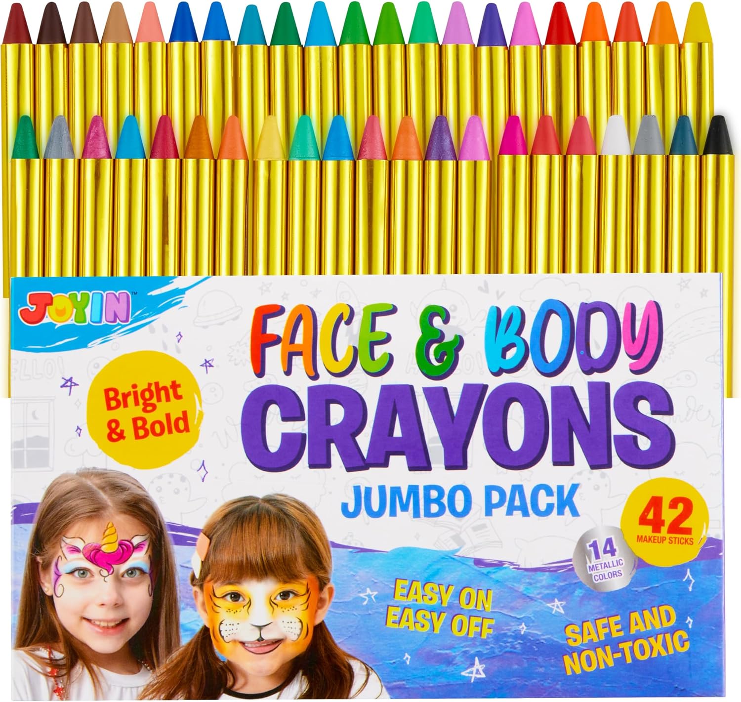 Skiennix 42PCS Face and Body Paint Crayons - Safe, Non-Toxic XL Kit with 14 Metallic Colors for Parties & Festivals