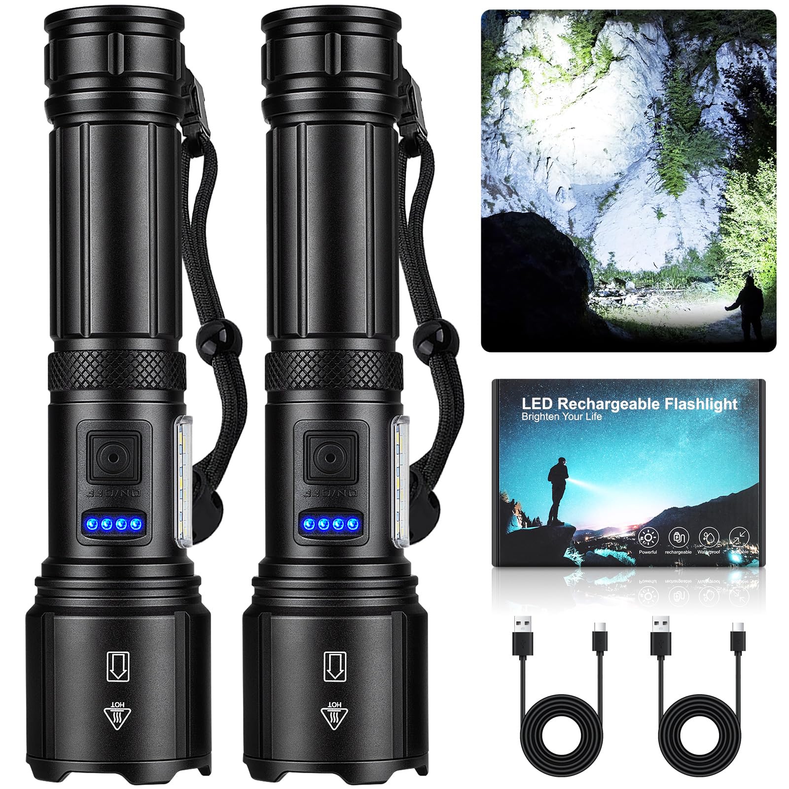 SKNSL Rechargeable LED Flashlights High Lumens, 99,000 Lumens Super Bright Flashlight 7 Modes w/COB Work Light, Powerful Flash Light for Outdoor Emergency Hiking Camping