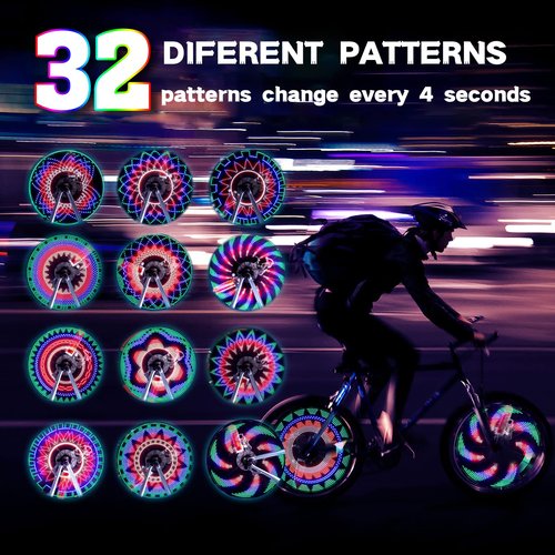 Bicycle Wheel Lights, Bike Wheel Lights for Night Riding, Bike Spoke Lights, Bicycle Accessories, 32Leds, 32 Patterns Waterproof, for Kids & Adult (Black-2packs)
