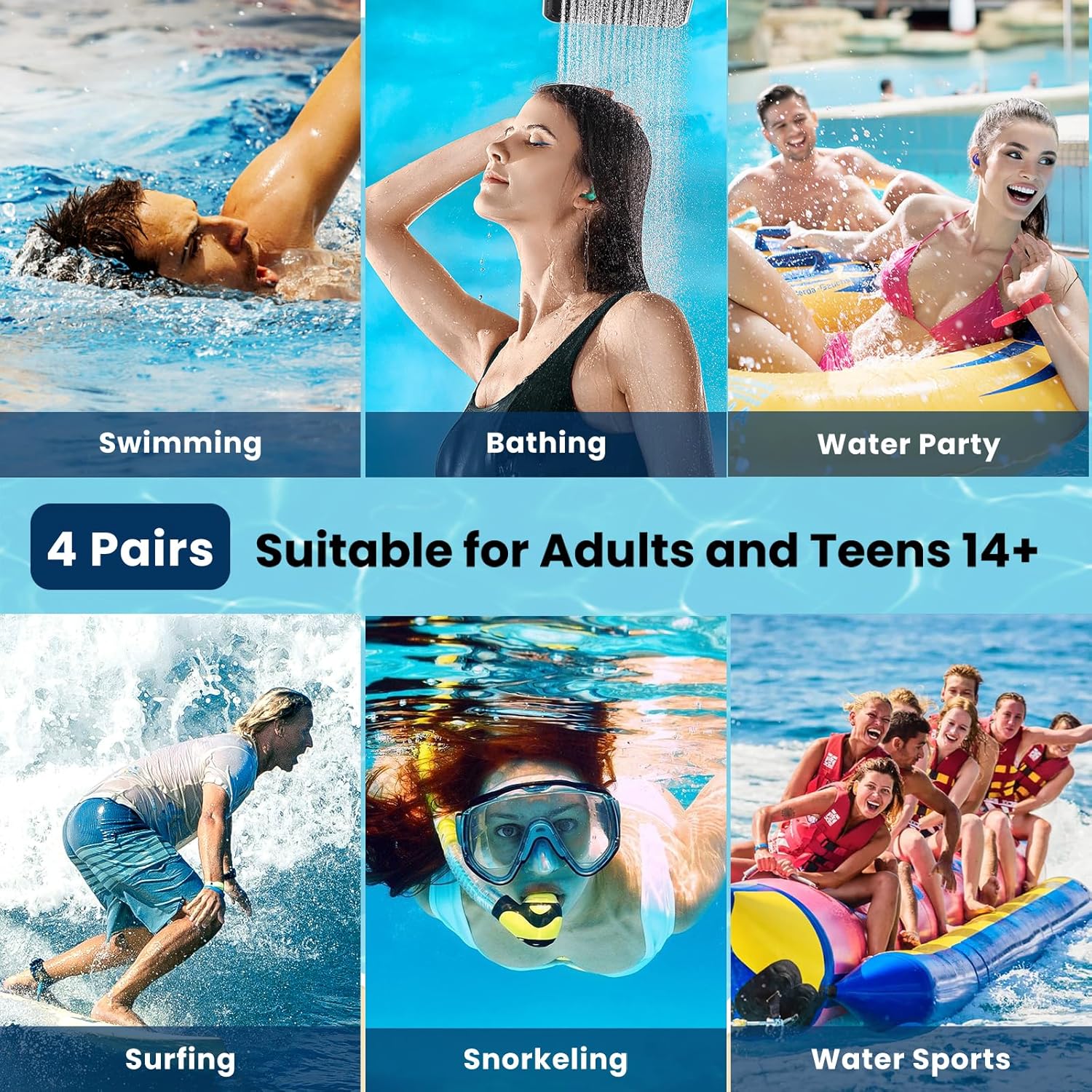 Skiennix Waterproof Ear Plugs - 4 Pairs Reusable Silicone for Swimming, Showering & Water Sports