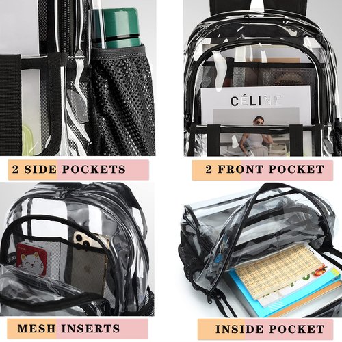 KUI WAN Clear Backpack, Large Clear Bag Stadium Heavy Duty PVC Transparent See Through Backpacks for Boys Girls, College, Work, Black
