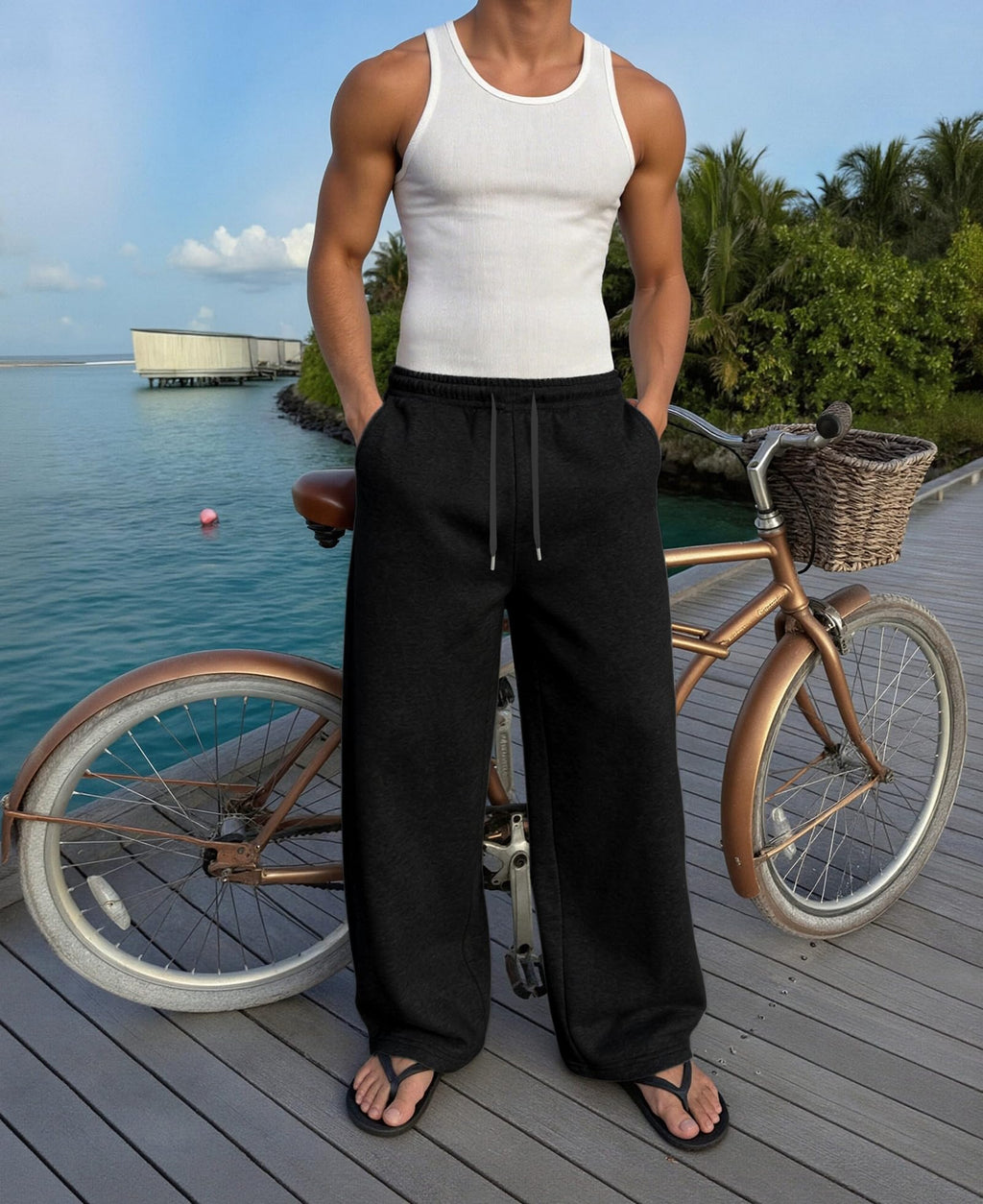 Susclude Baggy Sweatpants Men Wide Leg Elastic Waist Track Pants with Pockets Open Bottom Loose Fit Joggers Gym Lounge Black