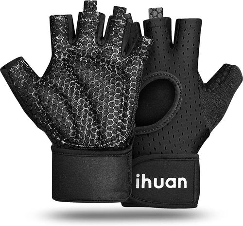 Ihuan Breathable Weight Lifting Gloves - Fingerless Design for Enhanced Grip & Wrist Support | Ideal for Training, Rowing, Pull-Ups