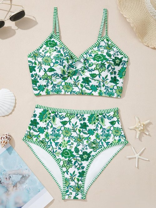Herseas Women's O Ring Bikini Set - Floral Print High Waisted Swimsuit | 2-Piece Swimwear