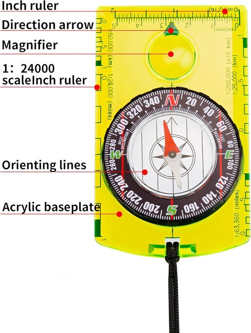 Gejoy Orienteering Compass Set - 6 Pieces with Declination, Magnifier & Ruler for Hiking, Camping & Navigation