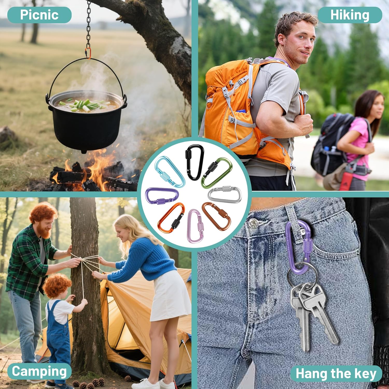Skiennix Multi-Pack Aluminum Carabiner Clips - Ultra-Light Spring & Locking for Hiking, Outdoor Use
