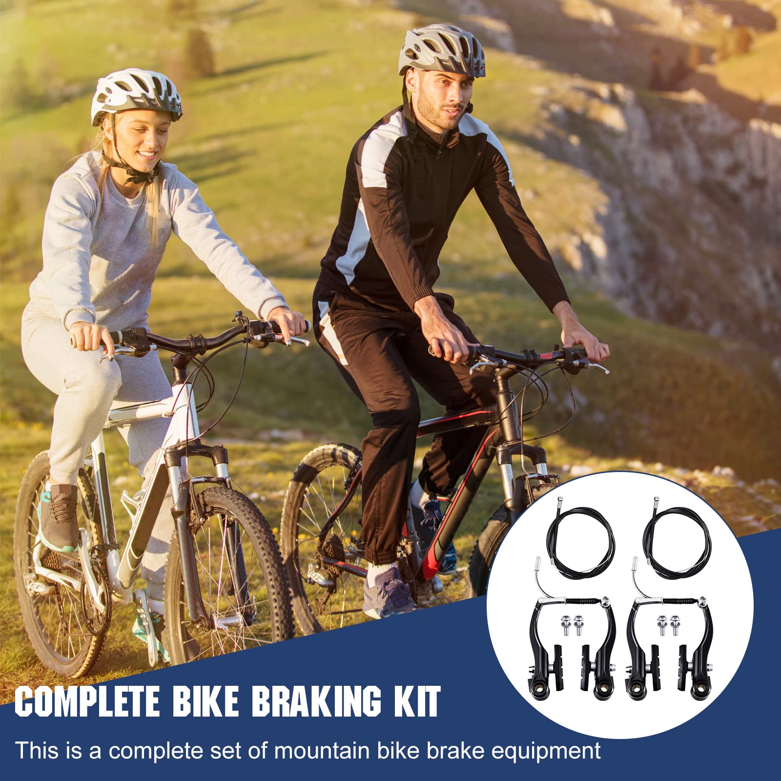 Riakrum 2 Sets Bike Brakes Include 2 Pairs V-type Brakes with 2 Pieces Braking Cables and 4 Pieces Cable End Caps for Mountain Bikes