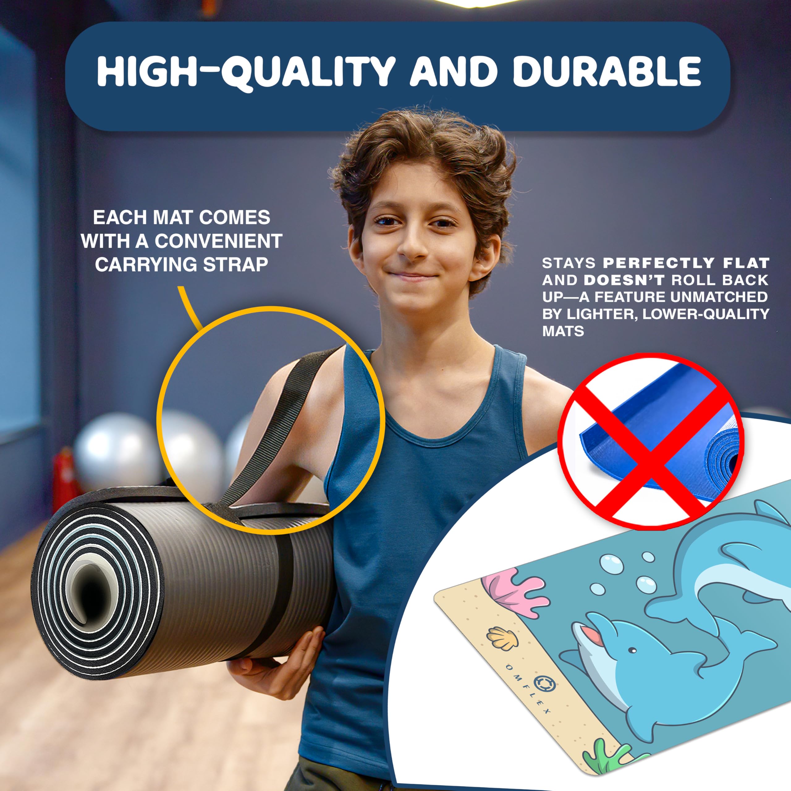 Omflex Kids Yoga Mat with Carrying Strap – 60"x24" Non-Slip Premium Exercise Mat for Kids, 3mm Thick Non-Toxic, PVC-Free Play Mat for Children, Dolphin, Car & Supergirl Designs (Dolphin)