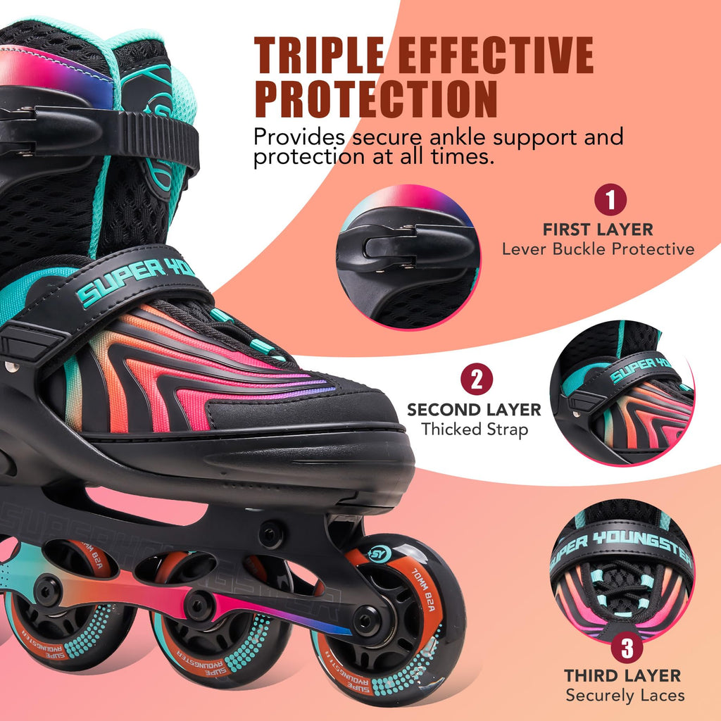 SUPER YOUNGSTER Girls Inline Skates for Boys Kids Ages 4-12, Adjustable Light Up Roller Skates for Youth Teens Ages 8-12, Beginner Blades for Women Adults