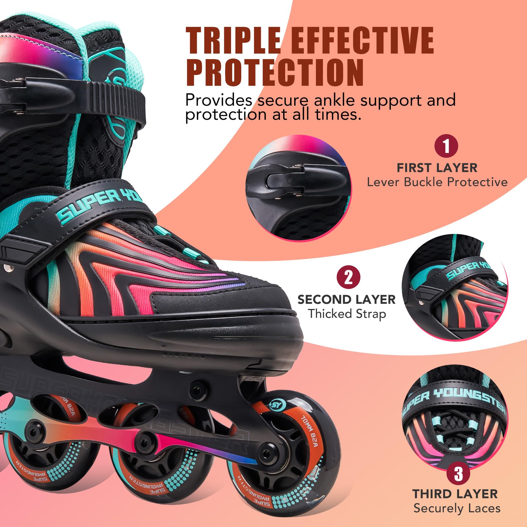 SUPER YOUNGSTER Girls Inline Skates for Boys Kids Ages 4-12, Adjustable Light Up Roller Skates for Youth Teens Ages 8-12, Beginner Blades for Women Adults