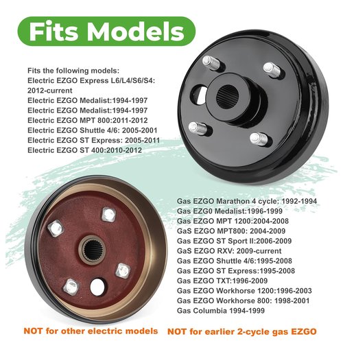 10L0L Golf Cart Spline Brake Drum Assembly with 1 Inch Large Hole 30 Teeth, for 4 Cycle Gas 1991-Up EZGO TXT, RXV, Marathon, Medalist, Columbia, OEM 21807 G1, 41843-94 (2 Pack)