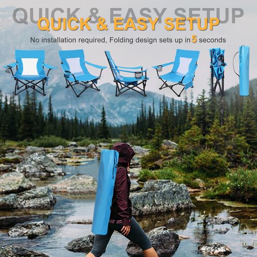 Joyfair Beach Camping Chair (2 Pack), Outdoor Folding Lawn Chair for Adults, Heavy Duty Portable Chair with Armrest for Outside Fishing, Sport, Patio, Cup Holder & Storage Pocket, Carry Bag (Blue)