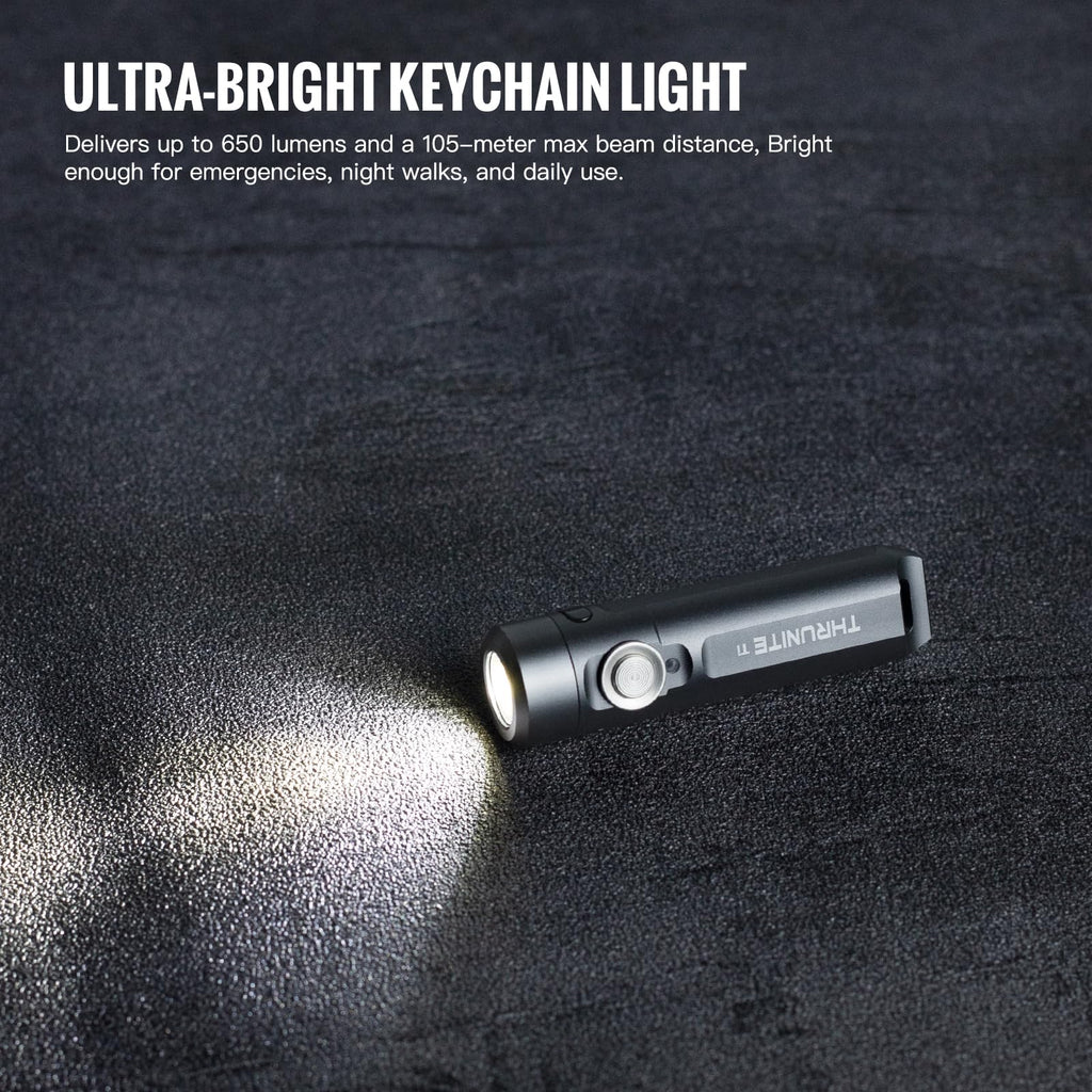 ThruNite Ti Mini Keychain Flashlight, USB-C Rechargeable EDC Pocket Light, Bright 650 Lumens Small Keychain Gadget for Camping, Everyday Carry, Indoor Outdoor Use (Grey Cool White)