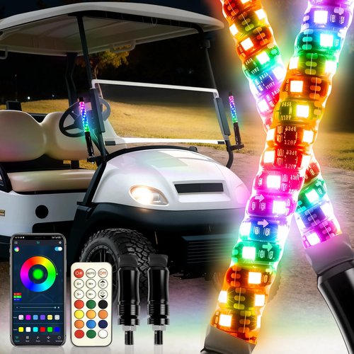 2PCS 1FT Whip Lights for All Golf Cart Yamaha Club Car Ezgo with Spring Base, Buletooth APP & Remote Contral with Turn Signal Brake Lights,Waterproof IP68 Spiral RGB LED Chasing Pole Light
