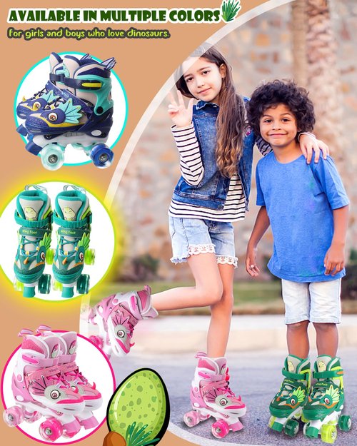 Dino Kids Toddler Roller Skates for Boys Girls,WESKIFAN Dinosaur Quad Skating Shoes with Shiny Light up Wheels&Adjustable Sizes Beginners rollerskates for Birthday Xmas Gifts (Green, S(10~13J))