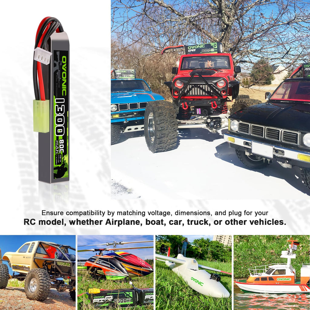 OVONIC 3s Lipo Battery 11.1V 1300mAh 80C with MiniTamiya Plug Lipo Battery for Airsoft Guns(2PCS)