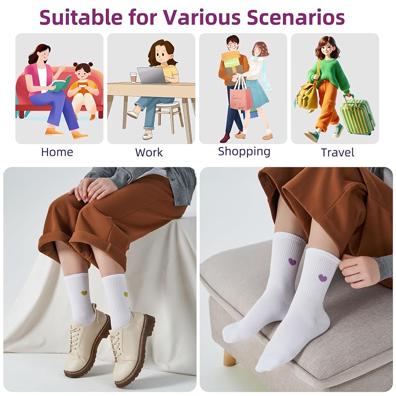 Womens Cotton Crew Socks 6 Pairs - White, Heart Pattern, Ankle Boot Socks
