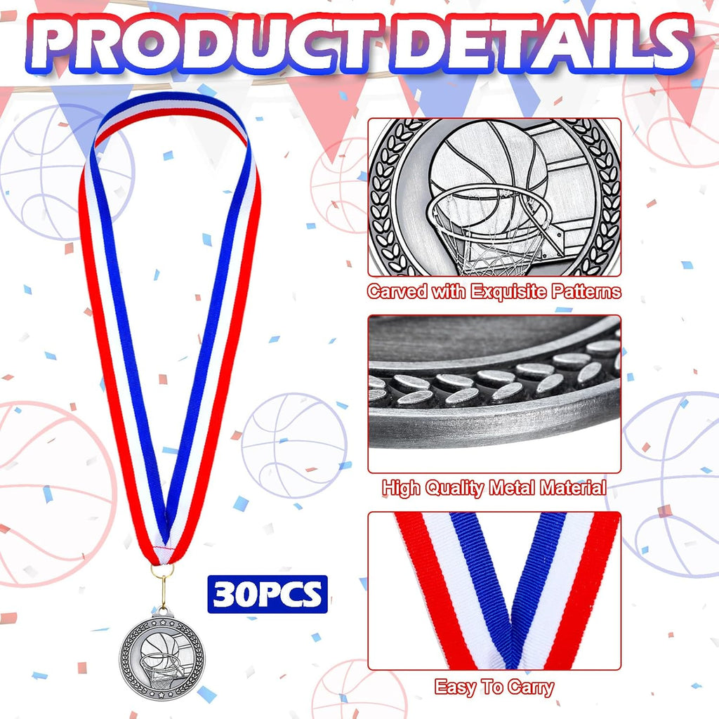 Remuuly Silver Medals - 30 Pcs 2'' Sports Awards for Basketball, Soccer, Volleyball & Hockey | Includes Neck Ribbons