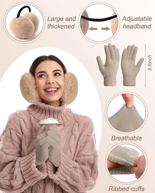 Silicherry 4 Pcs Winter Beanie Hat Scarf Gloves Set Knit Fleece Lined Gloves Ear Muff Knit Hat Long Scarf for Men and Women(Beige)