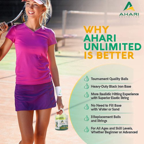 Ahari Unlimited Premium Tennis Trainer Set, Pro Rebounder with Metal Base in a Carrying Cylinder, 3 Replacement Rebound Balls, & Wristband, Portable Tennis Practice Equipment for Solo Training