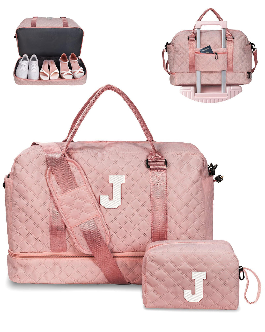 Vogewood Birthday Gifts for 4 5 6 7 8 9 10 11 12 13 14 Year Old Girls-Duffle Bag with Shoe Compartment, Personalized Weekender Bag, Overnight Bag for Women, Travel Bag with Makeup Bag (Letter J)