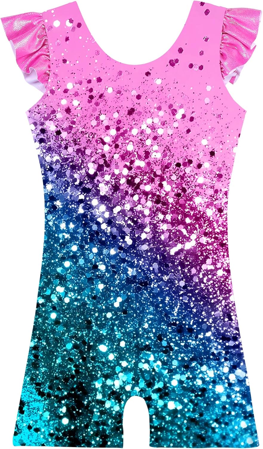 TFJH E Girls Gymnastics Leotards - Sparkle Activewear with Shorts & Scrunchie | Flutter Sleeve Design